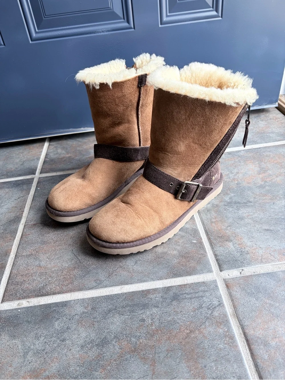 UGG Chestnut Suede Shearling-Trim Buckle Winter Boots